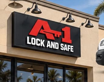 Storefront with an illuminated A-1 Lock and Safe sign